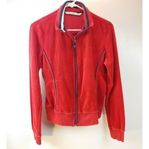 Tommy Hilfiger Velour Full Zip Jacket Red Embroidered Logo Stripe‎ Trim M Z23